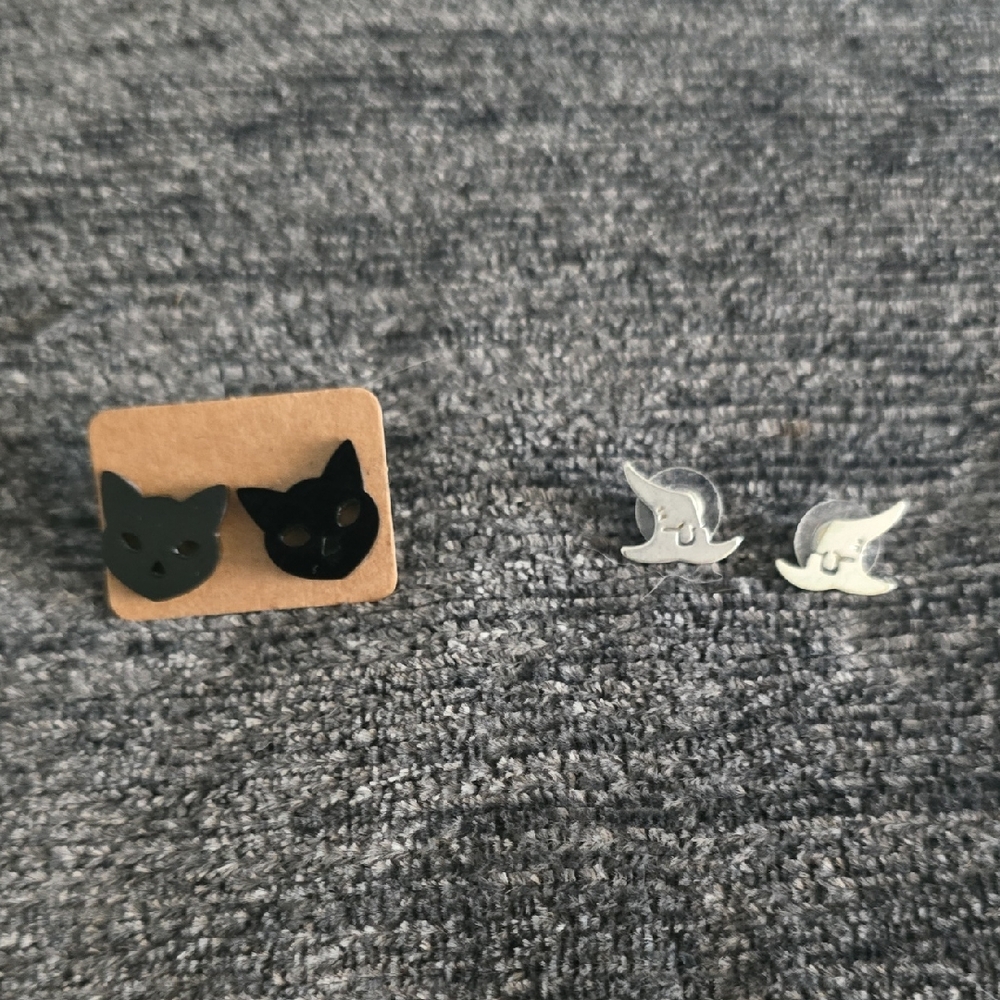 Black Cat and Silver Witch Hat Earrings